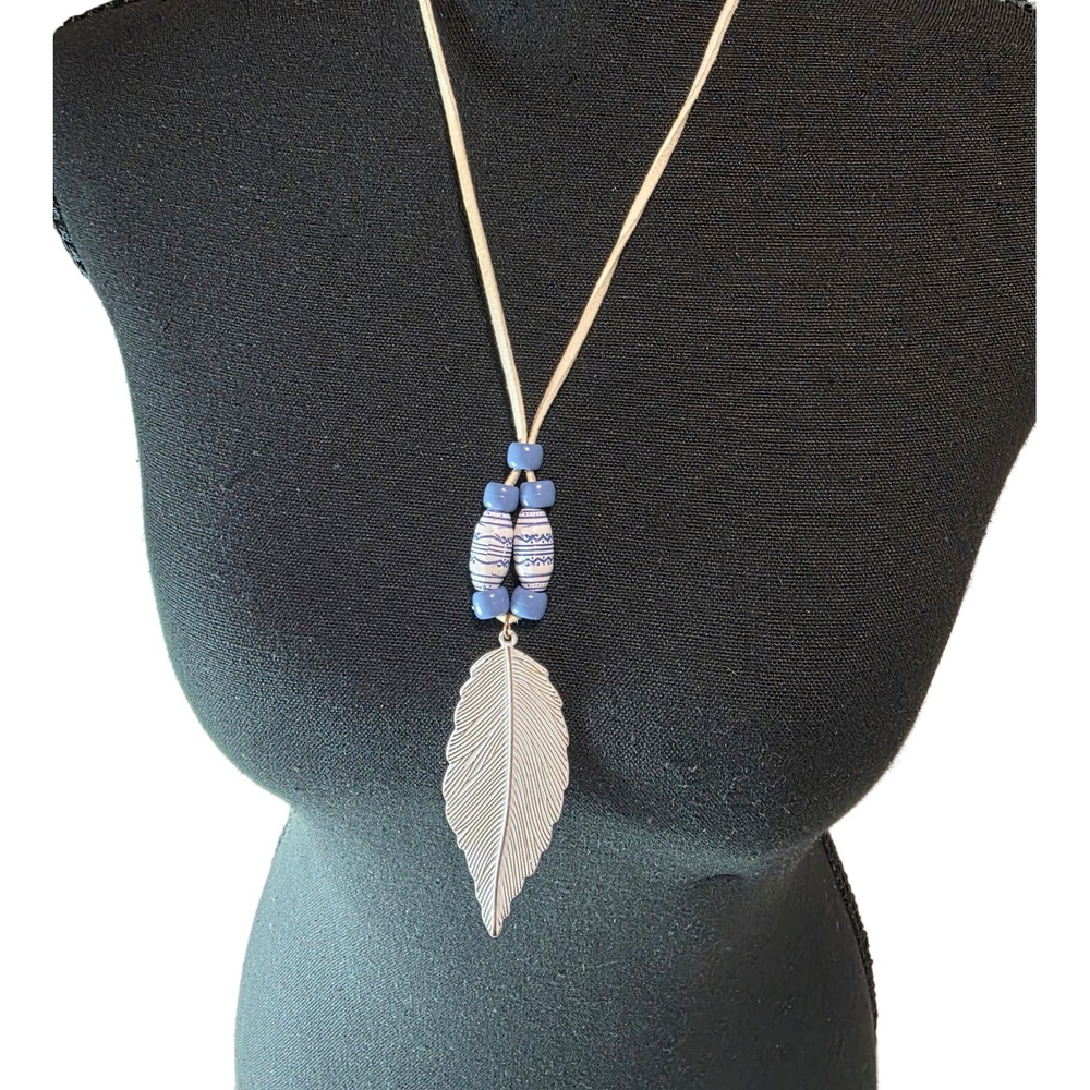 Boho Blue Beaded Feather Pendant Long Cord Necklace white and Gold Tone Tribal - Picture 1 of 11